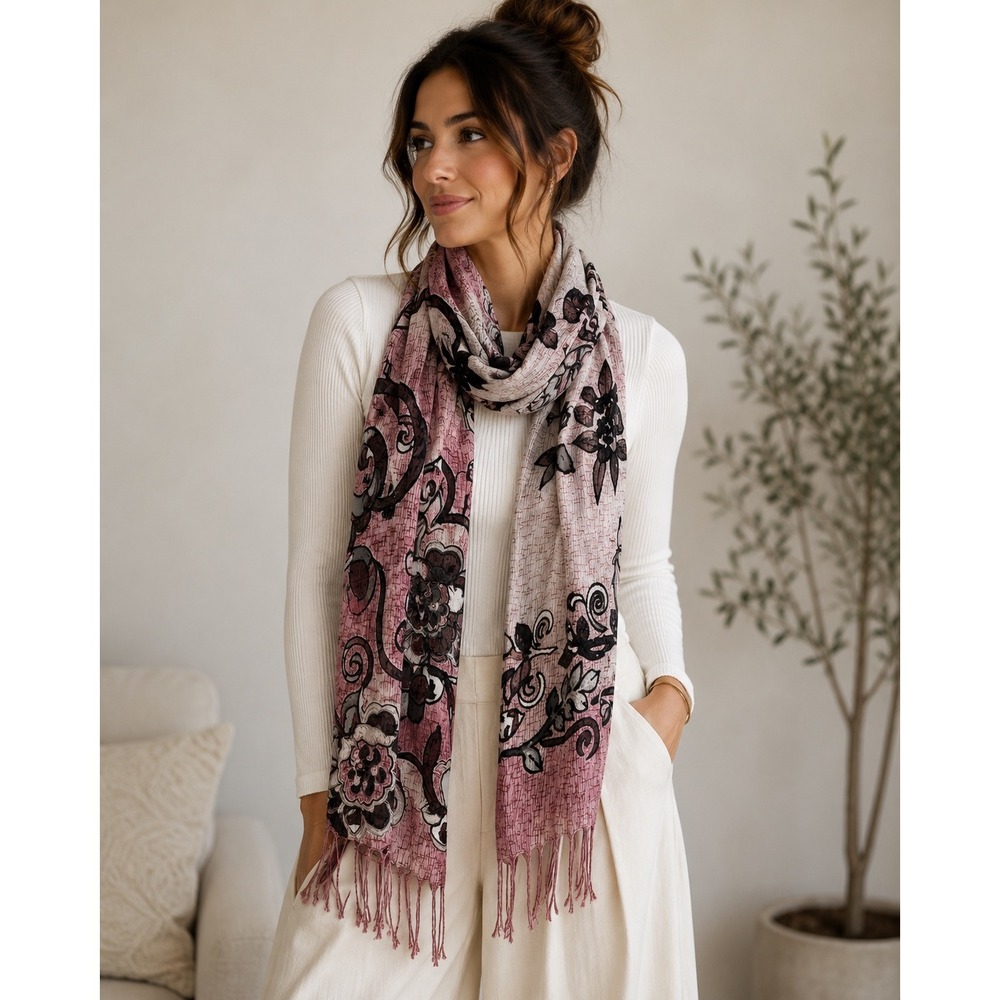 Floral Burnout Scarf Mauve Pink Grey Botanical Fringe Lightweight Wrap Accessory